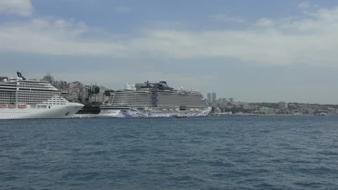 D-Log M. Istanbul, Turkey. Norwegian Viva cruise ship with distinctive blue hull Stock Footage 336068489