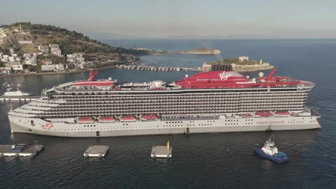 D-Log M. Kusadasi, Turkey. Close up aerial view of the Virgin Voyages Resilient Stock Footage 319419470