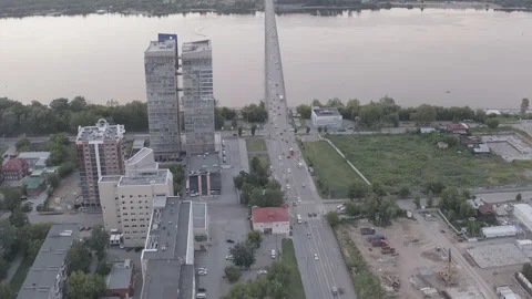 D-Log. Perm, Russia. Central part of the city of Perm. Bridge over the Kama Stock Footage 140007325