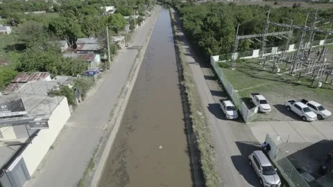 D log video of irrigation canal in Dominican Republic aerial landscapes Stock Footage 239288775