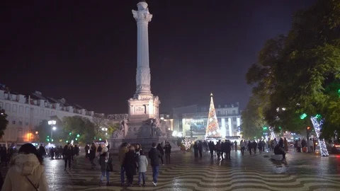 D Pedro IV (Peter) column, Rossio Square, Christmas night, Lisbon, Portugal. Stock Footage 108052057