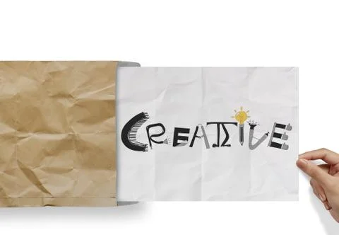 D pulling crumpled paper from envelope with design word  creative  as concept Иллюстрация
