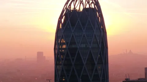 The D2 Tower in Paris La Defense by drone Stock Footage 254099586