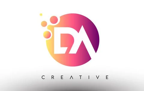 DA Dots Bubbles Letters in a Circle. DA Letter Design Logo with Purple Orange Stock Illustration
