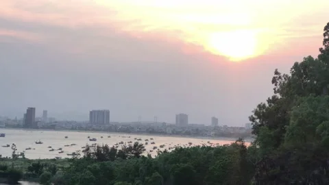 Da Nang city skyline and coastline in sunset Video stock 151381253