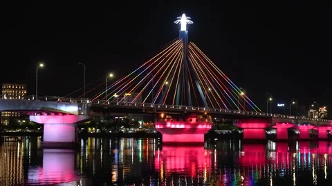 Da Nang River view at night in Vietnam Stock Footage 337882917