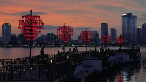 Da Nang riverside at the Love Lock Bridge in Vietnam Stock Footage 319973371