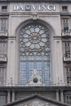 Da Vinci Tower Gothic Rose Window Statues and Clock Facade Detail Jakarta Stock Photos