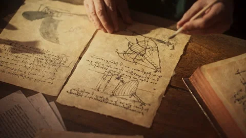 Da Vinci Working on his Inventions in his Workshop Stock Footage 244228744