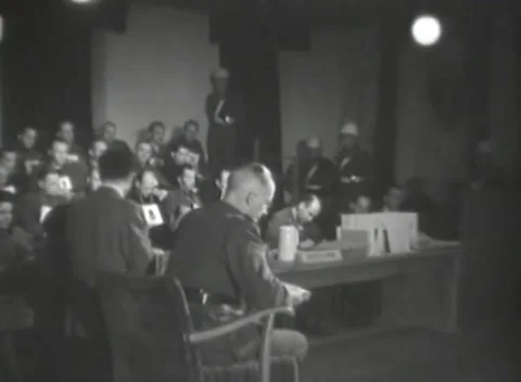 DACHAU, GERMANY - 1947: Reverse angle - Tiered dock displays chest cards Stock-Footage 344490783