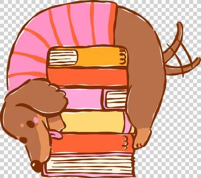 Dachshund Bookish with Book Stack Hand Drawn Illustration Stock Illustration