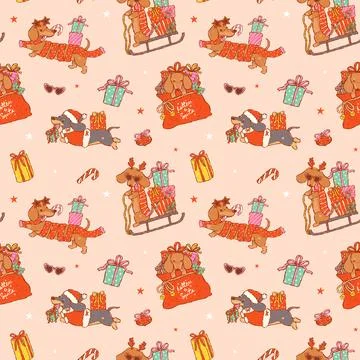 Dachshund Christmas seamless pattern, cute hand drawn sausage dog Delivery .. Stock Illustration