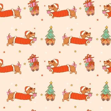 Dachshund Christmas seamless pattern, cute hand drawn sausage dog Santa car.. Stock Illustration