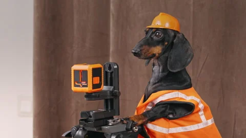 Dachshund construction worker operating camera on tripod in playful sequence Stock Footage 311031878