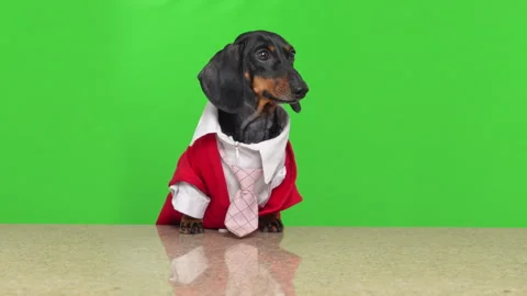 Dachshund dog dressed in suit and tie against green screen Stock Footage 339431753