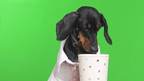 Dachshund dog in shirt  eagerly drinking from paper cup green screen Stockbeeldmateriaal 339049358
