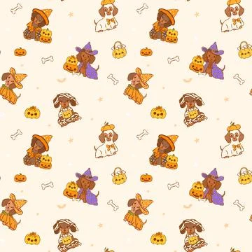 Dachshund Halloween Seamless Pattern Spooky Hand Drawn Doodle Quirky Playfu.. Illustrazione stock