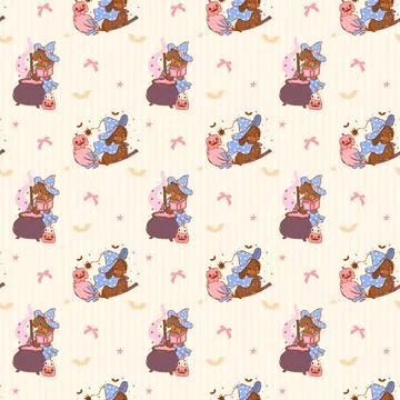 Dachshund Halloween Witch Seamless Pattern Spooky Hand Drawn Doodle Quirky .. Stock Illustration