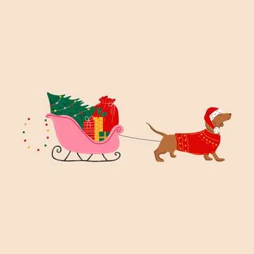 A dachshund pulls a sleigh with a Christmas tree and presents. Illustration