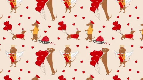 Dachshunds dogs pulls a hearts, valentines animation Loop Background. Stock Footage 259155708