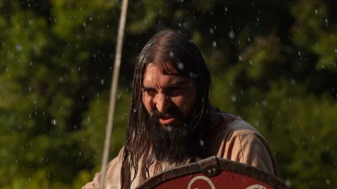 Dacian warrior under the rain, slow motion Stock Footage 86452400