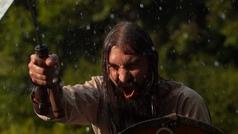 Dacian warrior with weapons, slow motion Stock Footage 86459419