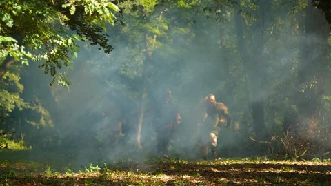 Dacian warriors attack from the mist, slow motion Stock Footage 86458959