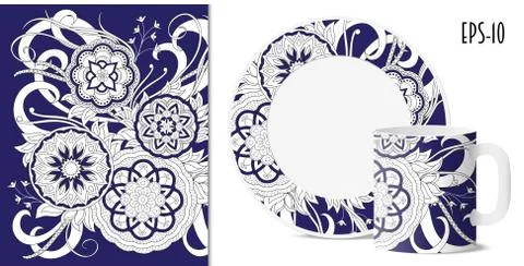 Dack blue zen floral pattern with mandalas for dishes Stock Illustration