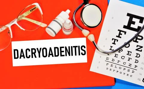 Dacryoadenitis. Text label to indicate the state of vision health. Stock Photos