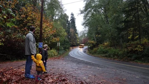 Dad 2 boys wait one catches school bus by rainy highway Pacific Northwest Video stock 82633978