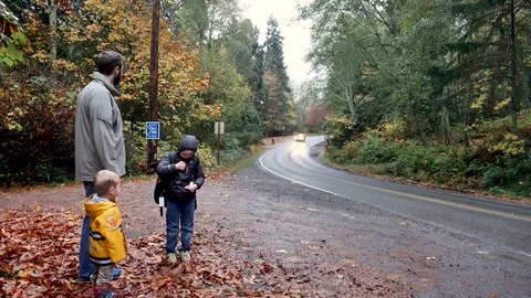 Dad 2 boys wait for school bus by rainy highway Pacific Northwest Video stock 82633967