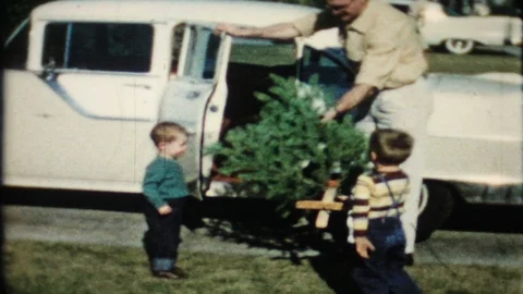 Dad and the boys bring a Christmas tree home 1950s vintage film home movie 4645 Stock Footage