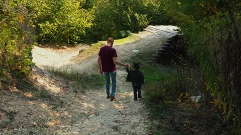 Dad and his son going down the mountain in forest, holding hands. Stock Footage 169020851
