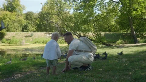 A dad and his son play in the park on a summer day, having fun with pigeons. Video stock 307861527