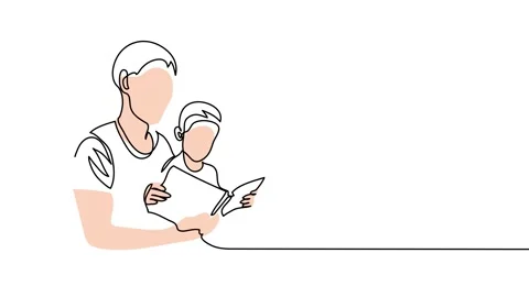 Dad and kid read a book together. One continuous self drawing line animation Stock Footage 302189680
