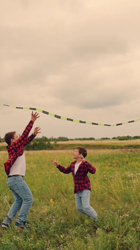 Dad and kids chasing the wind, launching a kite on a dreamy afternoon Stock Footage 316707119