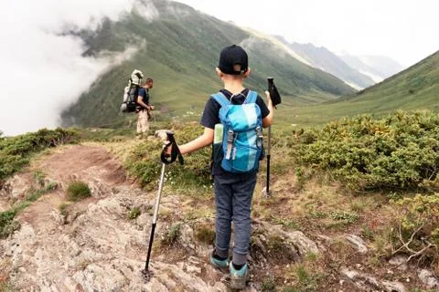 Dad and son backpacking Foto stock