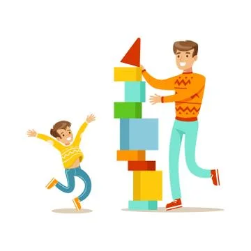 Dad And Son Building A Tower With Blocks, Happy Family Having Good Time Together Ilustração Stock