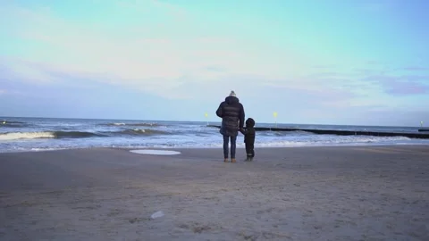 Dad and son in jackets in winter at the sea Stock Footage 298055708