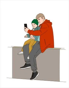 Dad and son make selfie. Father and son are sitting and taking pictures. Mode Stock Illustration