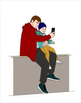 Dad and son make selfie. Father and son are sitting and taking pictures. Mode Stock Illustration