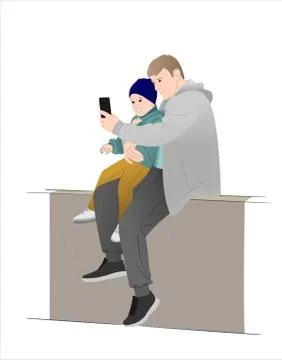 Dad and son make selfie. Father and son are sitting and taking pictures. Mode Stock Illustration