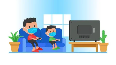 Dad and son playing game at home on self-quarantine.  Stock Illustration