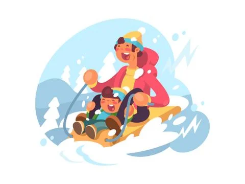 Dad and son sledding Stock Illustration