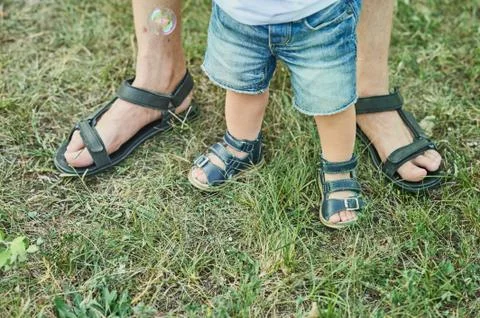 Dad and Son. Spring Time. First steps concept. Copy space. Family fathers day Stock Photos
