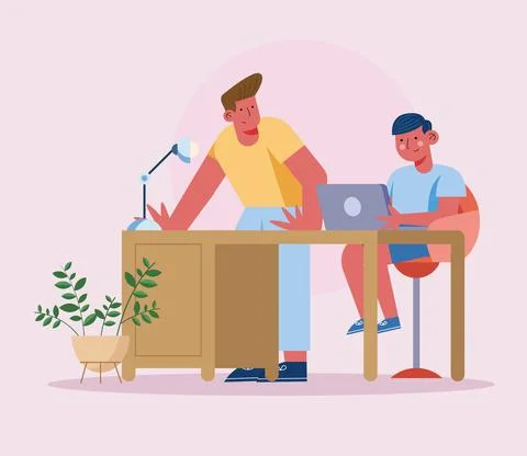 Dad and son studing online Stock Illustration