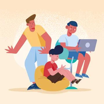 Dad and sons with laptops Stock Illustration