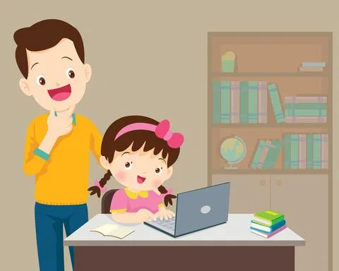 Dad be happy for something of children Girl with laptop Stock Illustration