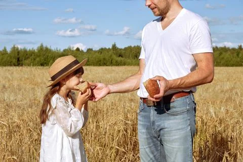 Dad breaks off a piece of bread for his daughter in a rye field Stock Photos