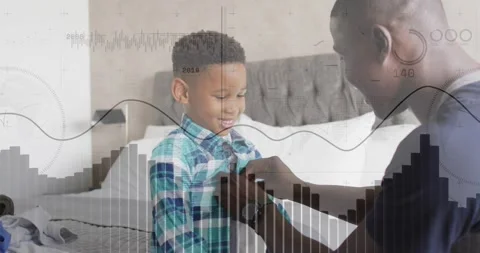 Dad buttoning son's buttons on bed morning for family, waveform and bar chart Stock Footage 331286543